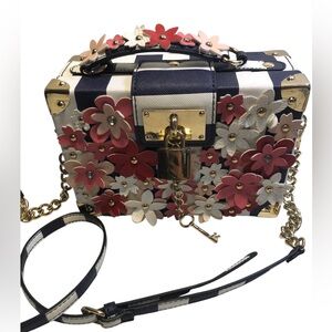 Aldo Floral Applique Navy & White Striped Structured Crossbody Bag Gold Accents